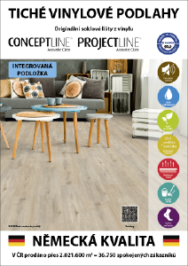 Tiché vinylové podlahy a originální soklové lišty pro vinylové podlahy Conceptline a Projetcline